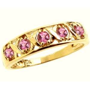  14K Yellow Gold Round Gemstone Hugs and Kisses Ring Pink 