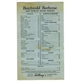   Beechwold Barbeque Menu Columbus OH 1930s Tellings 