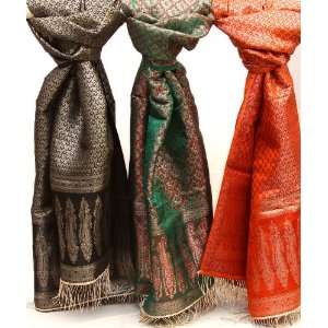  Lot of Three Banarasi Ektara Stoles with Zari Weave   Silk 