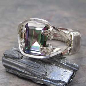 Mystic Topaz Faceted Sterling Silver Wire Wrapped Gemstone Ring size 8 