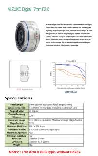 New Olympus M.ZUIKO DIGITAL 17mm F2.8 Lens without Box  