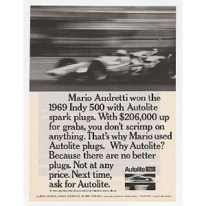  1969 Mario Andretti Indy 500 Autolite Spark Plugs Print Ad 