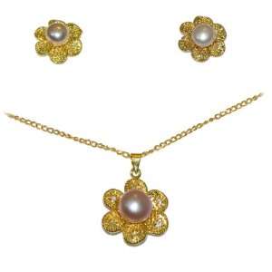  Yellow Gold Necklace w/ Pink Pearls Jewelry Set Jewelry