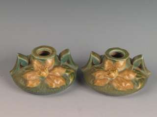   Roseville Pottery Clematis Green Candleholders Candle Holders 1158 2