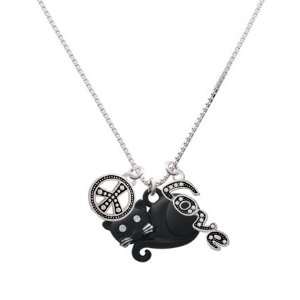 Curled Up Matte Black Cat, Peace, Love Charm Necklace 