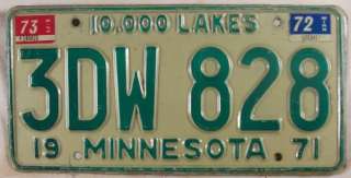 1972 1973 Minnesota 3DW 828 License Plate  