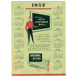   1952 National Airlines Calendar Hotel Travel Centers 