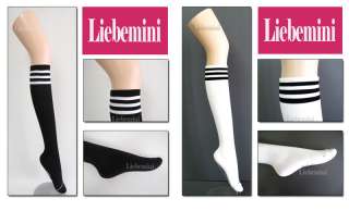 Cotton Blend Striped Knee High Socks   Preppy Look★Black / White 