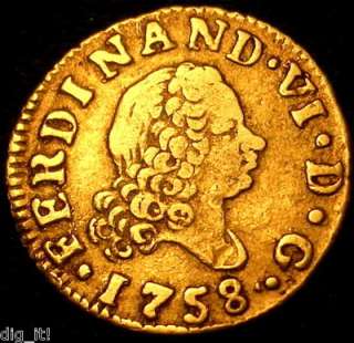 GOLD COIN 1758 SPANISH GOLD PIRATE TREASURE 1/2 ESCUDO DOUBLOON 