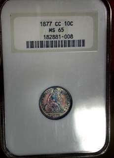 1877 cc NGC MS65 Gem Colorful Toned Liberty Seated Dime in Old Fatty 