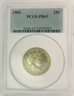 1902 PCGS PR63 25C BARBER QUARTER .25 US PROOF COIN  