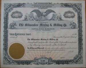 1905 Stock Certificate   Milwaukee Mining of New Mexico  