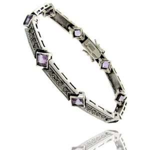    Sterling Silver CZ Purple Square Stones Marcasite Bracelet Jewelry