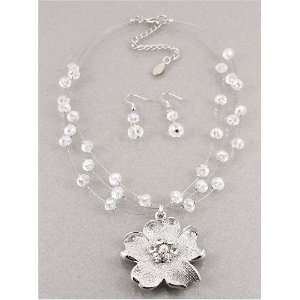   Desinger Inspired Silver Beads Flower Necklace and Earrings Set