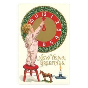  New Year Greetings, Victorian Boy with Clock Giclee Poster 