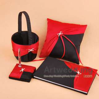 Wedding Guest Book, Pen, Ring Pillow, Basket Set (White+Black&Red)