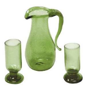 Mini Green Glass Retro Look Pitcher and Glasses Set for Dollhouses and 