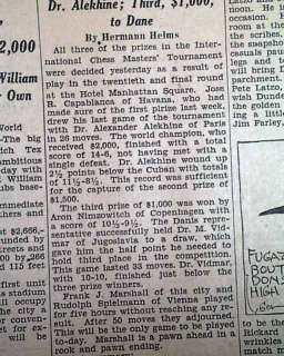 JOSE CAPABLANCA Cuban Chess Player Win 1927 Newspaper *  