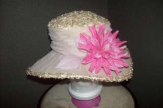 Vintage Church Hat with Large Pink Flower Straw 22 Gathered Band 