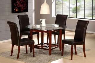 5PC BEYOND ROUND GLASS TOP CHERRY WOOD DINING TABLE SET  