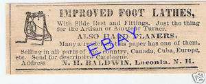 VERY OLD 1872 BALDWIN FOOT LATHE AD WOOD TOOL LACONIA  