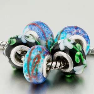  5 Blue Elegant Flower Pattern Beads Fit Pandora Charms 