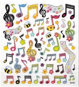 Fun flower Music notes musical stickers Silver outline  