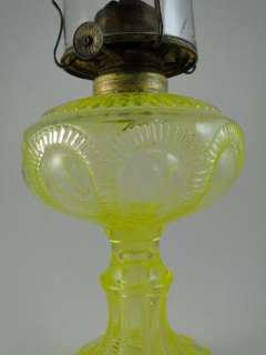 Antique Victorian Vaseline Yellow Glass EAPG Kerosene Lamp Queen Anne 