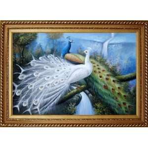  White and Blue Peacocks with Waterfall Oil Painting, with 