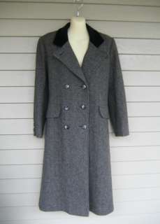   Womens 100% Wool Black Tweed Velvet Collar Long Winter Coat 8  