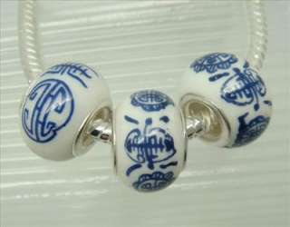 10pcs Blue Porcelain Ceramic European Beads Silver Core Fit Charm 
