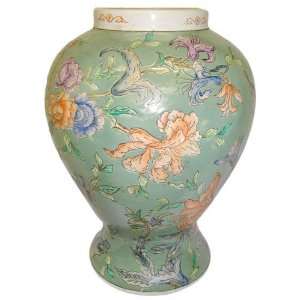 com Green Temple Jar Flower Vase with Hand Painted Flowers   Oriental 