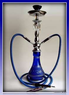 Classic Modern 2 Hose Hookah with beautiful blue ornate glass vase and 