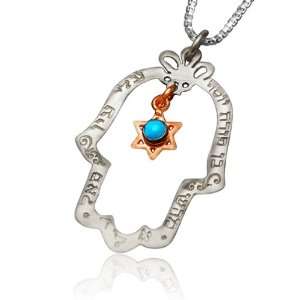 Kabbalah Hamsa Pendant   Sterling Silver and Opal Gem with Phrases for 