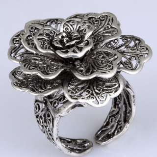 Unique Adjustable Black Tibetan Silver Carved Big Bloom Flower Ring 