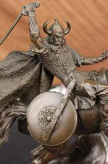 Art Deco Bronze Sculpture Statue Figure Battle Knight Horse Viking 