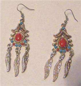 SOUTHWESTERN STYLE DANGLE EARRINGS FAUX TURQUOISE/CORAL  