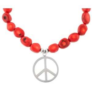    Sterling Silver and Coral Peace Sign Beaded Necklace, 16 Jewelry