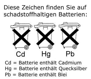 Li = enthält Lithium * NiCd = Batterie enthält Nickel Cadmium * NiMH 