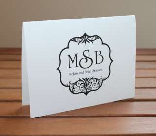 Elegant Black Scroll Monogram Wedding Thank You Card Personalized 