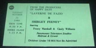 Laverne De Fazio & Shirley Feeney TV Taping Ticket 1980  
