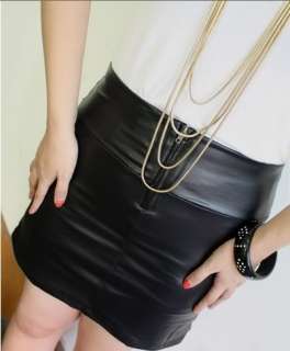 Black Stretchy Leather Look A Line High Waist Back Zipper Mini Skirt 