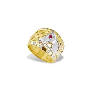  Mens 14k Solid Tri Color Gold Horse Heat CZ Band Ring 