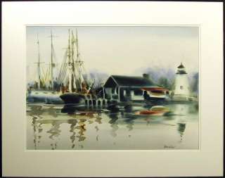   Lew Misty Harbour Original Watercolor Painting boats sea MAKE OFFER