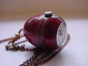 Antique Juvenia Red Enamel Ball Watch on Slide Chain  