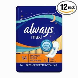 Always Overnight Maxi Pads Without Wings 14 Pads Pack (Case of 12) 168 