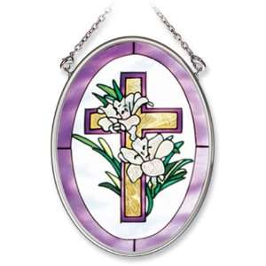 Amia Hand Painted Glass Suncatcher with Floral Cross Design, 3 1/4 