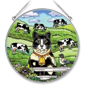 Amia Handpainted Glass Pasture Patrol Cat and Cow Suncatcher, 6 1/2 
