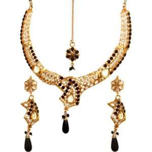   Necklace and Earrings Set with Mang Tika   Copper alloy with Cut Glass