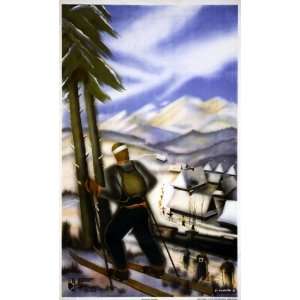  1933 Polish Ski Poster showing Skiers & village